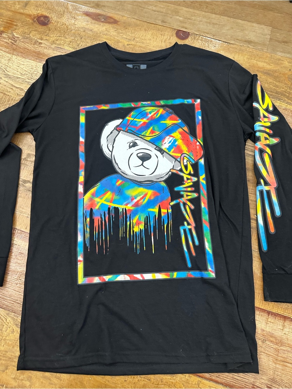 Hustle G Black Long-Sleeve Tee with Multicolor Tie-Dye Bear Graphic